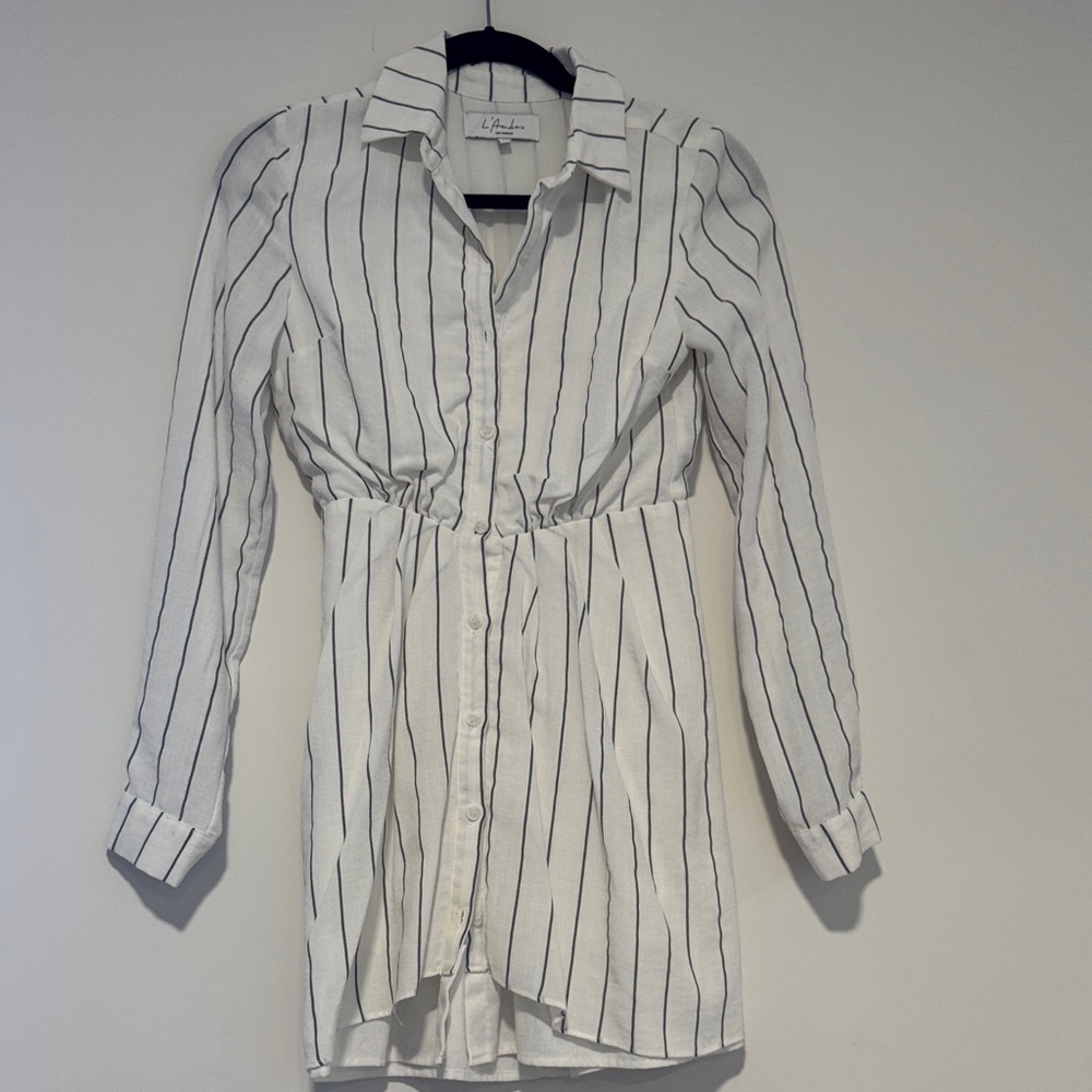 L’Academie White and Black Striped Button-Down Shirt dress
